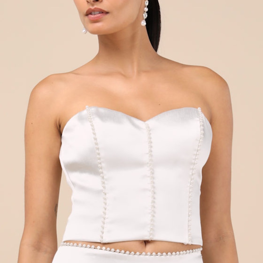 Lulus Megan White Satin Pearl Strapless Crop Top - Size L
